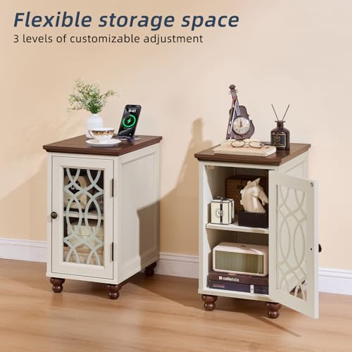 Narrow Side Table with Charging Station, Night Stand with Glass Door, Bedside End Tables with Adjustable Shelf Storage Cabinet,Wood Nightstand for Small Spaces Living Room Bedroom