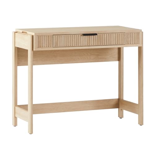 Transitional Style Furniture, Reeded Detail, Lift-Top Desk with Drawer and Storage Cubby, Sitting to Standing Desk, Soft Self-Close Desktop, 38 Inch, Coastal Oak