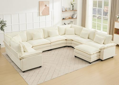 Oversized Modular Sectional Sofa Set, Convertible Deep Seat Cloud Couch with Ottoman, Large U Shaped Corner Couch with Throw Pillows for Living Room (Beige, 8 Seater)