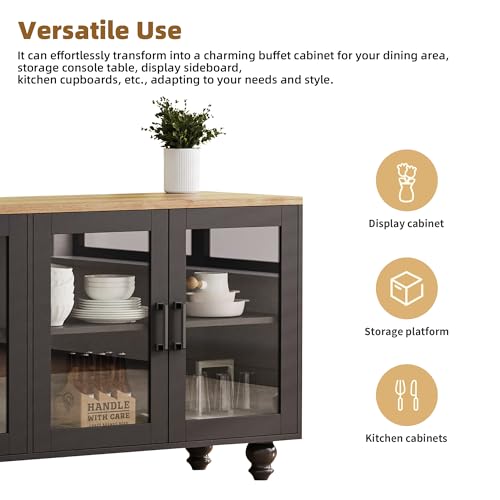 ON-TREND Farmhouse TV Stand with Solid Wood Gourd-Shaped Legs for TVs Up to 70", Entertainment Center with Bookshelves & Tempered Glass Doors, Media Console with Adjustable Shelves, Living Room, Black