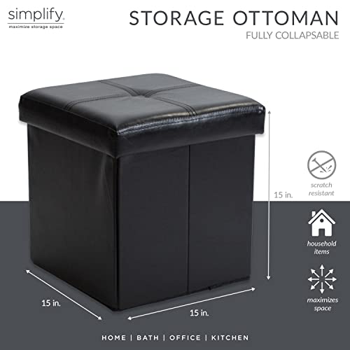 Faux Leather Folding Storage Ottoman | Single | Collapsible | Tufted Padded Seating | Foot Rest | Bench | Toy Box | Black