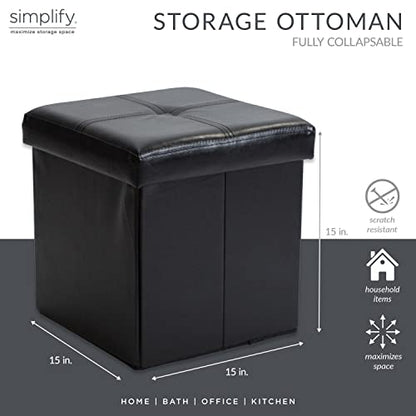 Faux Leather Folding Storage Ottoman | Single | Collapsible | Tufted Padded Seating | Foot Rest | Bench | Toy Box | Black