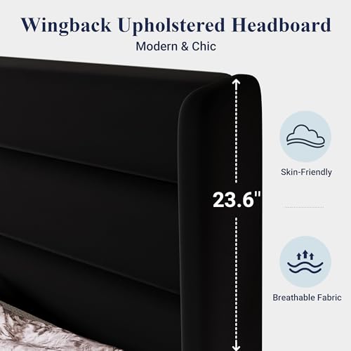 Queen Size Platform Bed Frame with Velvet Upholstered Wingback Headboard, view 5