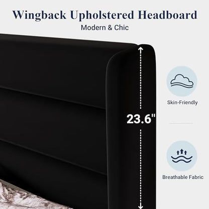 Queen Size Platform Bed Frame with Velvet Upholstered Wingback Headboard, view 5