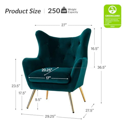 Velvet Tufted Accent Chair, Modern Wingback Arm Chair, Teal | Metal Gold Legs, Wood Frame, Velvet Tufted Upholstered Armchair for Living Room Bedroom, Dining Room