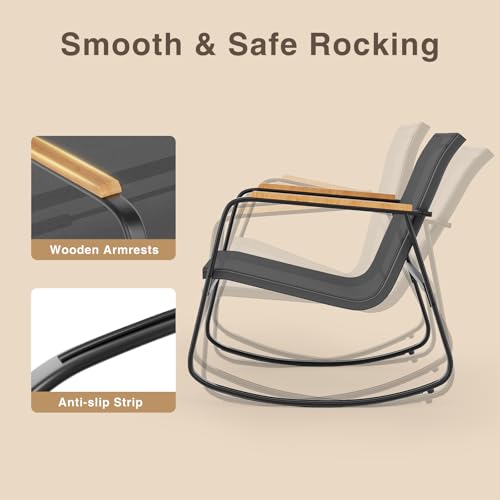 3 Pieces Patio Furniture Set Textilene Fabric Outdoor Patio Rocking Bistro Set with Wooden Armrests and Coffee Table for Lawn, Porch, Balcony, Poolside, Black