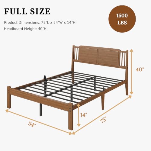 Bamboo Full Bed Frame with Farmhouse Headboard, Warm Brown Color, view 3