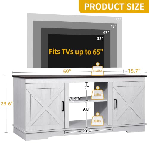 Farmhouse TV Stand for TVs up to 65, Double Barn Doors, Grey White, view 3