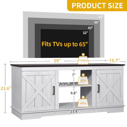Farmhouse TV Stand for TVs up to 65, Double Barn Doors, Grey White, view 3