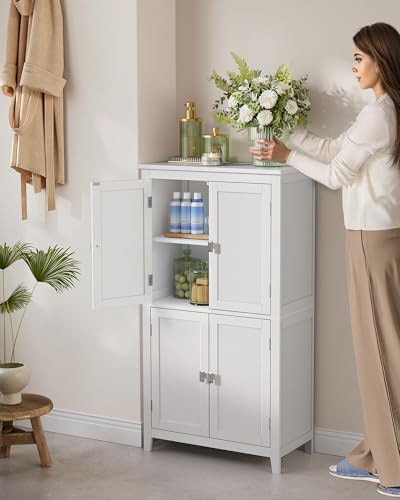 Freestanding Storage Cabinet, Floor Cabinet with Elevated Legs, Metal Handles, for Living Room, Kitchen, Bathroom, White