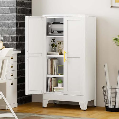 47.25" Metal Garage Storage Cabinet, Heavy Duty Steel Tool Cabinet with 2 Doors & 3 Adjustable Shelves, Freestanding Organizer Cabinet for Garage Home Office Basement (White)