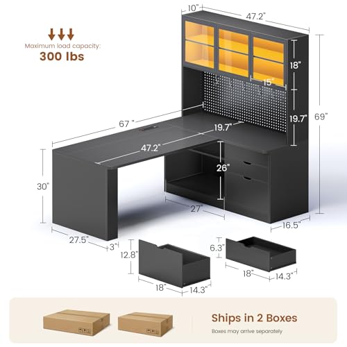 L Shaped Computer Desk, L Shaped Corner Gaming Desk with 3 Wood Drawer and Large Bookshelf, Home Office Desk with LED Light, Display Cabinet and Pegboard, 27.5" W Large Desktop Table, Black