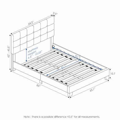 Laval Bed Frame, Queen Size Upholstered Bedframe, Light Grey, view 3