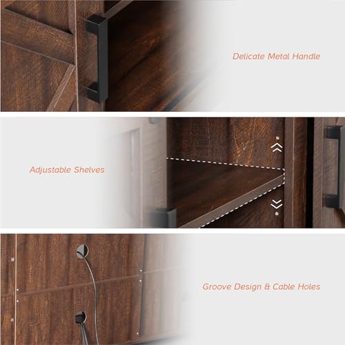 25.6"H Farmhouse TV Stand for 75" TV with Barn Doors& Hidden Storage | 66.1" W Rustic Country-Style TV Cabinet with Smooth Barn Door Slides,Holds 135+ CDs,Height-Adjustable Media Shelf