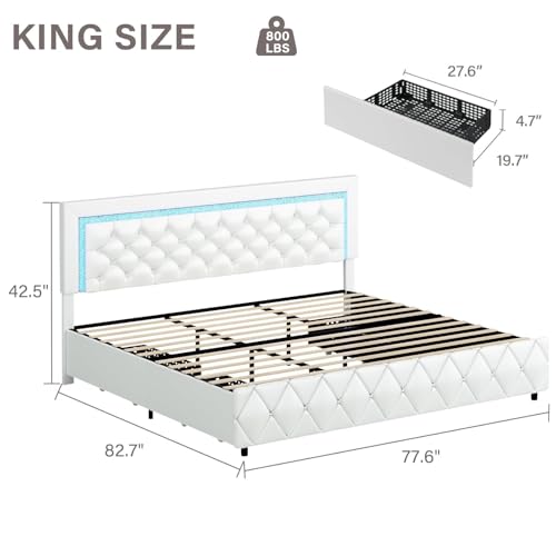 King Size Bed Frame with LED Lights and Storage Drawers, Upholstered Platform Bed with Diamond Tufted Headboard, Wooden Slats Support, No Box Spring Needed, Easy Assembly, White