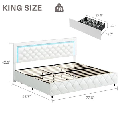 King Size Bed Frame with LED Lights and Storage Drawers, Upholstered Platform Bed with Diamond Tufted Headboard, Wooden Slats Support, No Box Spring Needed, Easy Assembly, White