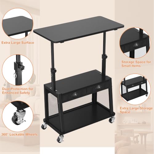 Height Adjustable Standing Desk on Wheels with Drawer, computer desk Black, view 6