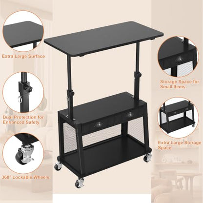 Height Adjustable Standing Desk on Wheels with Drawer, computer desk Black, view 6