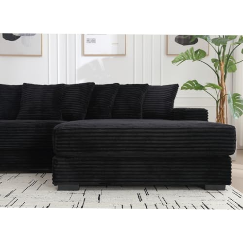 111 Inch Corduroy Sectional Couches for Living Room | L-Shaped Sectional Couch with 8 Pillows | Cloud Couch with Deep Seat | Solid Wood Frame Sofa Black (Right Facing Chaise)