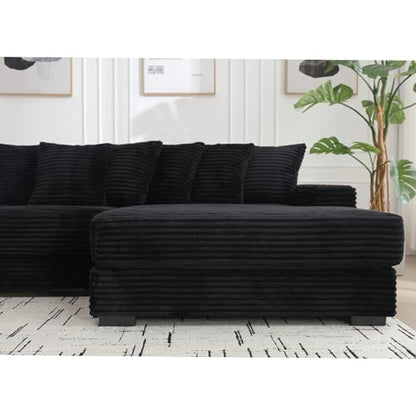 111 Inch Corduroy Sectional Couches for Living Room | L-Shaped Sectional Couch with 8 Pillows | Cloud Couch with Deep Seat | Solid Wood Frame Sofa Black (Right Facing Chaise)
