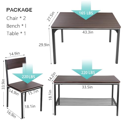 43.3 inch Dining Table Set for 4, Small Kitchen Table Set with Chairs and Storage Bench, 4 Piece Dining Room Table Set for Small Space, Apartment, Rustic Oak Finish