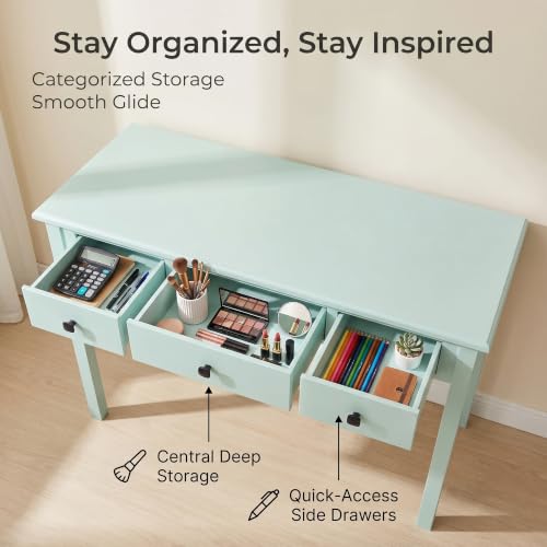 35" Small Green Writing Desk with Drawers, Wood Vanity Table No Mirror, view 4