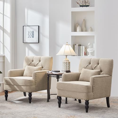 Tufted Club Chair Set of 2 with Lumbar Pillow,Accent Chair Upholstered Button Armchair, Linen Fabric Sofa Chairs for Bedroom, Living Room, Mid Century Modern Reading Chair,Brown