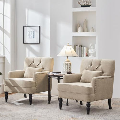 Tufted Club Chair Set of 2 with Lumbar Pillow,Accent Chair Upholstered Button Armchair, Linen Fabric Sofa Chairs for Bedroom, Living Room, Mid Century Modern Reading Chair,Brown