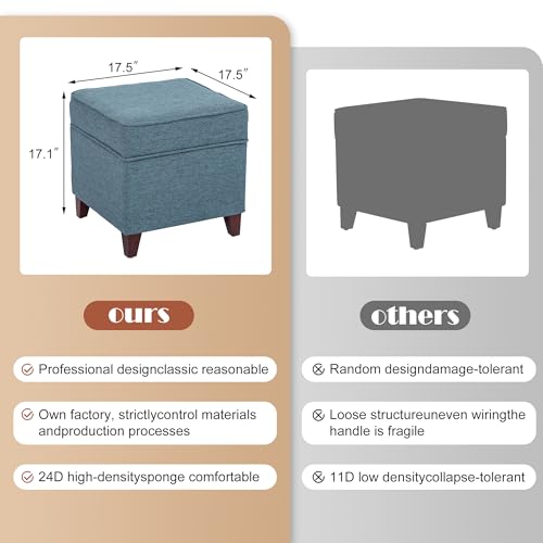 17" Square Ottoman with Storage, Small Blue Storage Ottoman Foot Rest with Hinged Lid & Solid Wood Legs, Linen Fabric Foot Stool for Living Room & Bedroom, Seasonal Home Refresh & Gifting