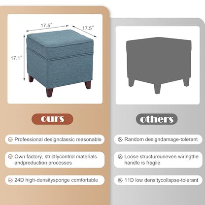 17" Square Ottoman with Storage, Small Blue Storage Ottoman Foot Rest with Hinged Lid & Solid Wood Legs, Linen Fabric Foot Stool for Living Room & Bedroom, Seasonal Home Refresh & Gifting