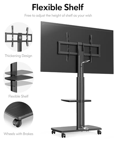 Rolling TV Stand, Mobile TV Cart on Wheels for 32-75 Inch Flat Screen, Tall Floor TV Stand with Swivel Mount for Bedroom, Outdoor, Home Office, Small Dorm, Black