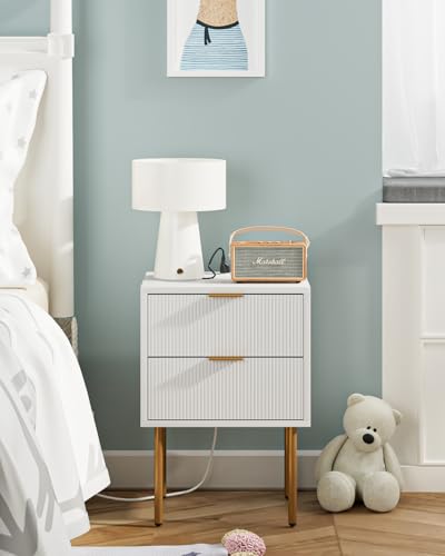 Nightstand with Charging Station,Morden Bedside Table with Gold Frame,Small White Night Stand,End Table,Bedside Furniture,Side Table with Drawer and Shelf for Bedroom,Living Room
