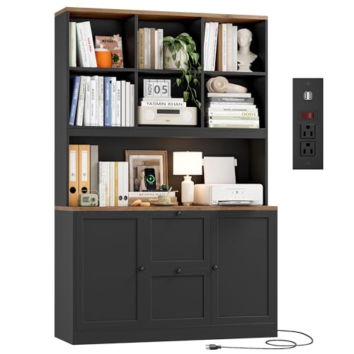 72'' Tall File Bookcase with Power Outlet & Printer Stand, 2 Drawer Filing Cabinets for Home Office Fit Hanging A4 File, Storage Cabinet w/ 3 Tier Open Book Shelf & Doors for Living Room, Black