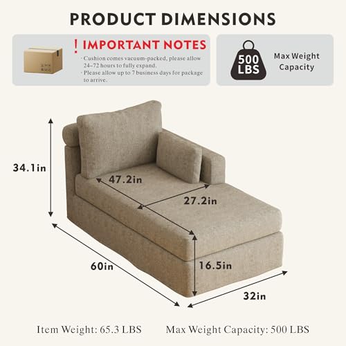 Modern 32''W Chaise Lounge with Right Armrest (Hold Left Arm), Indoor Recliner, view 3