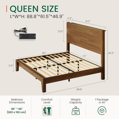 Queen Size Wood Platform Bed Frame with Mid-Century Modern Tall Headboard, view 3