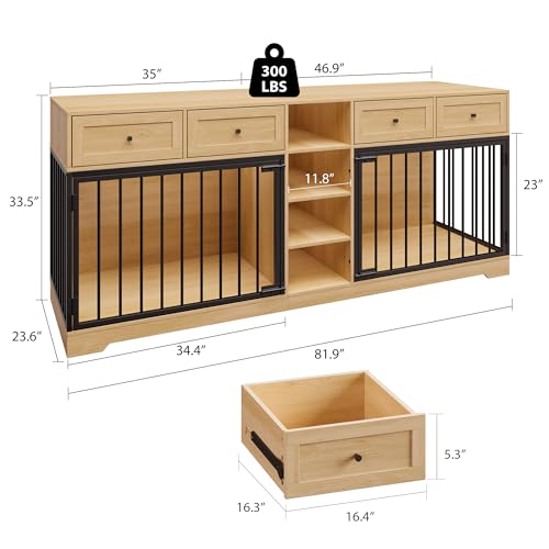 82" Large Dog Crate Furniture with Storage for 2 Dogs, Natural, view 3