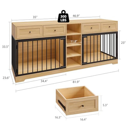 82" Large Dog Crate Furniture with Storage for 2 Dogs, Natural, view 3