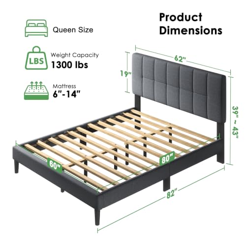 Upholstered Queen Bed Frame with Headboard, Modern Bed Frame, Gray, view 3