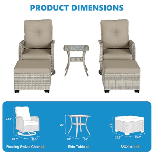 5-Piece Small Patio Furniture Set, Outdoor Swivel Rocking Chairs Set with Ottomans, Patio Bistro Set for Balcony, Deck, Porch, Khaki