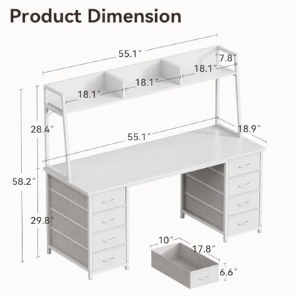 54 Inch Desk with Hutch and 8 Fabric Drawers, White, view 4