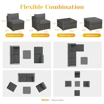 5 Piece Outdoor Patio Sectional Furniture Set, Weather Resistant Rattan Outside Couch, Waterproof Conversation Sofa for Balcony, Porch, Backyard, Deck, Garden, Grey