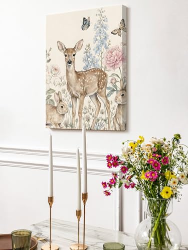 NuYeBiofx Farmhouse Deer Rabbit Butterfly Canvas Wall Art Prints,40"x28" Framed Picture Artwork Retro Pastoral Flower Leaf Printed Canvas Oil Painting for Living Room Bedroom Office,Ready to Hang