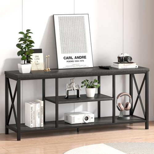 Modern TV Stand for TV up to 65 Inch, Rustic Wood Entertainment Center with Storage Shelves, Industrial Media TV Console and TV Table for Living Room Bedroom, 55 Inch Dark Gray