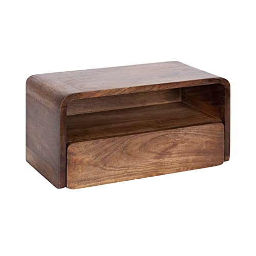 Walnut brown floating wood side table with drawer, view 2