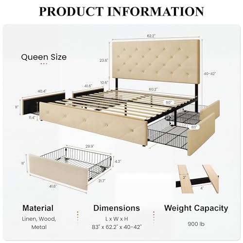 Upholstered Queen Size Platform Bed Frame with 4 Storage Drawers, Adjustable Headboard with Diamond Stitched Button Tufted Design, Wooden Slat Support, No Box Spring Needed, Beige