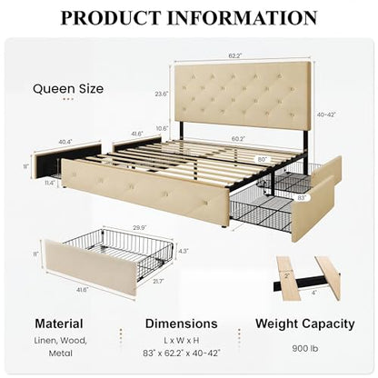 Upholstered Queen Size Platform Bed Frame with 4 Storage Drawers, Adjustable Headboard with Diamond Stitched Button Tufted Design, Wooden Slat Support, No Box Spring Needed, Beige