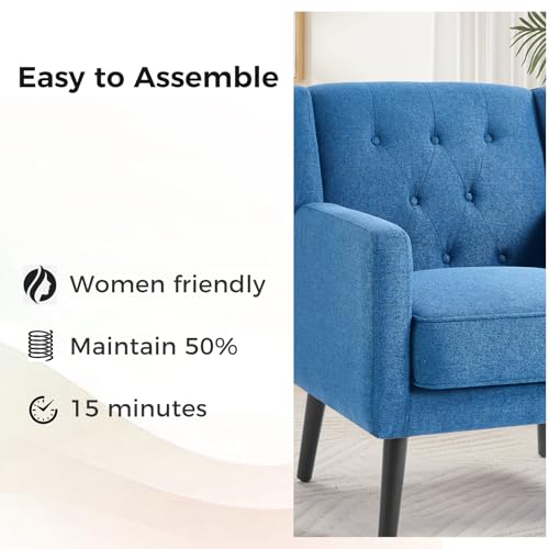 Accent Chair Set of 2, Comfy Reading Chair, Mid Century Modern Chairs, Tufted Upholstered Living Room Chair, Overstuffed Single Sofa Chair for Bedroom Waiting Room, Blue