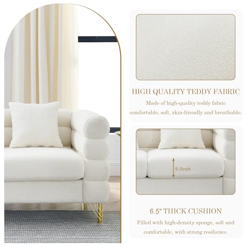 Modern Sofa Couch, 81" W Teddy Bouclé Oversized Loveseat Cloud Sofa, Upholstered Tufted Comfy Deep Seat Couch with Gold Legs & Pillows for Living Room, Bedroom, Office, Apartment((3 Seater, White)