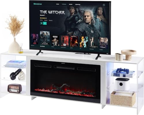 70.5" Electric Fireplace TV Stand for 75" TV with LED Storage, White, view 2