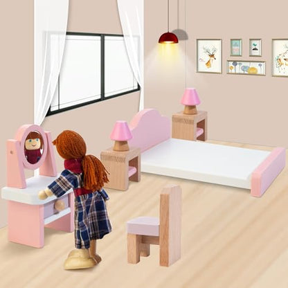 Wooden Dollhouse Furniture Set with 4 Family Dolls, 26 Pcs Pretend Play Dollhouse Accessories for 4 Rooms, Pink Furniture Toys Birthday Gifts for Girls Boys Age 3+